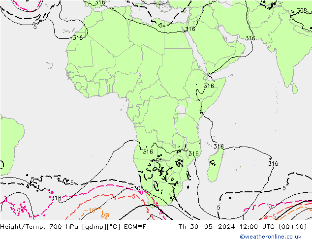 Height/Temp. 700 hPa ECMWF czw. 30.05.2024 12 UTC