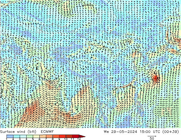 Vent 10 m (bft) ECMWF mer 29.05.2024 15 UTC