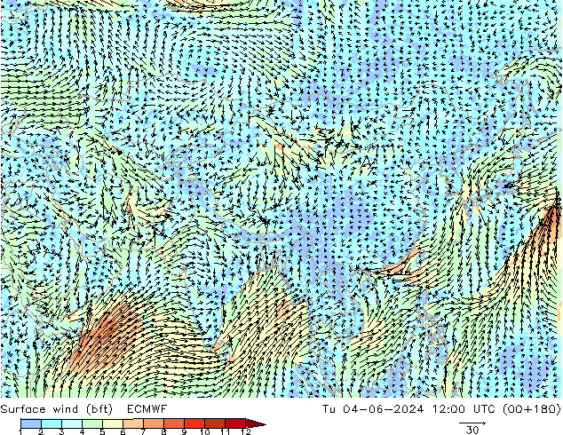 Vento 10 m (bft) ECMWF mar 04.06.2024 12 UTC