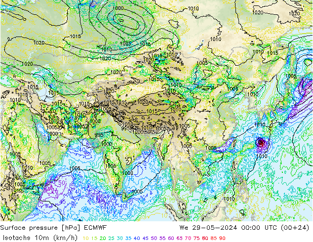 Isotachs (kph) ECMWF We 29.05.2024 00 UTC