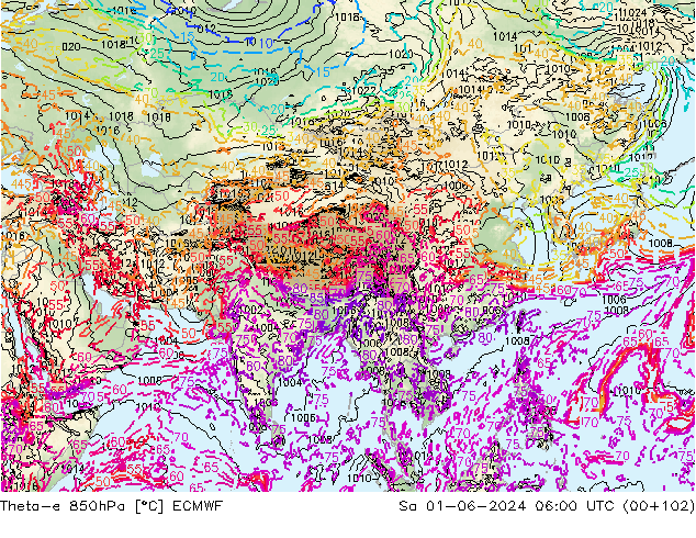 Theta-e 850hPa ECMWF Sa 01.06.2024 06 UTC