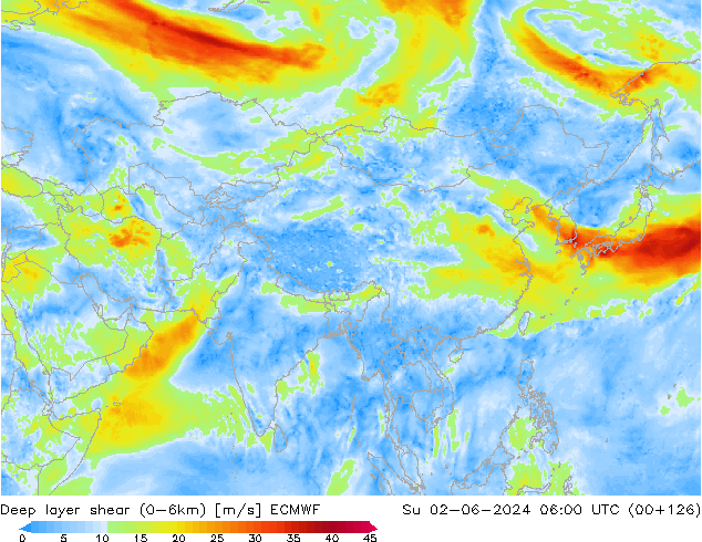 Deep layer shear (0-6km) ECMWF nie. 02.06.2024 06 UTC