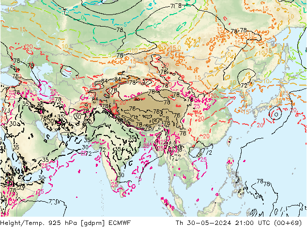 Hoogte/Temp. 925 hPa ECMWF do 30.05.2024 21 UTC