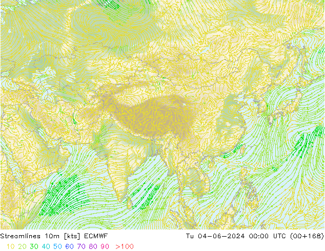 Streamlines 10m ECMWF Tu 04.06.2024 00 UTC