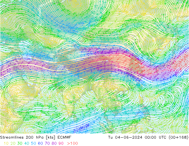 Streamlines 200 hPa ECMWF Tu 04.06.2024 00 UTC