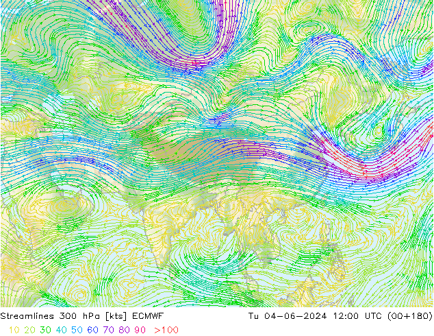 Streamlines 300 hPa ECMWF Tu 04.06.2024 12 UTC