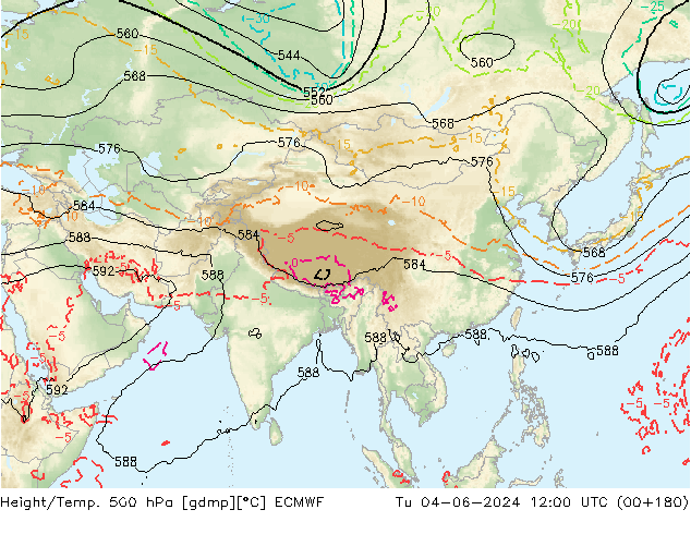 Z500/Rain (+SLP)/Z850 ECMWF Út 04.06.2024 12 UTC