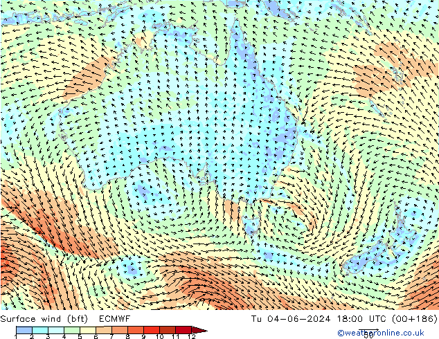 Surface wind (bft) ECMWF Út 04.06.2024 18 UTC