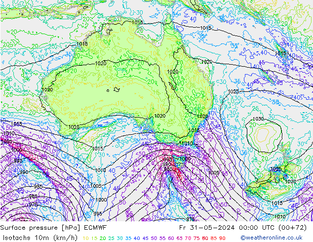 Isotachs (kph) ECMWF ven 31.05.2024 00 UTC