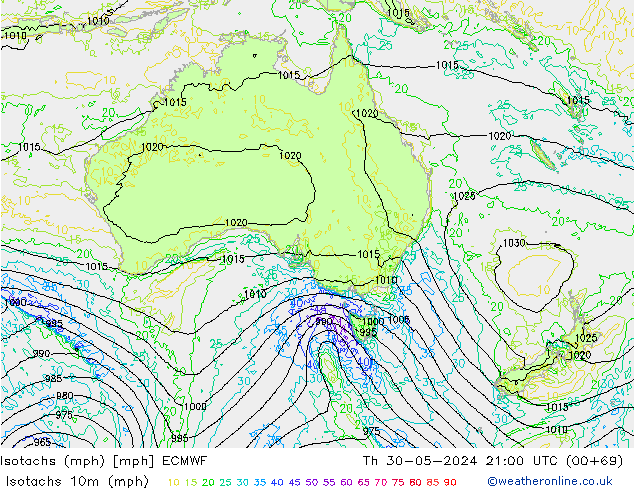 Isotachs (mph) ECMWF  30.05.2024 21 UTC