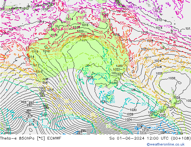 Theta-e 850hPa ECMWF Sa 01.06.2024 12 UTC