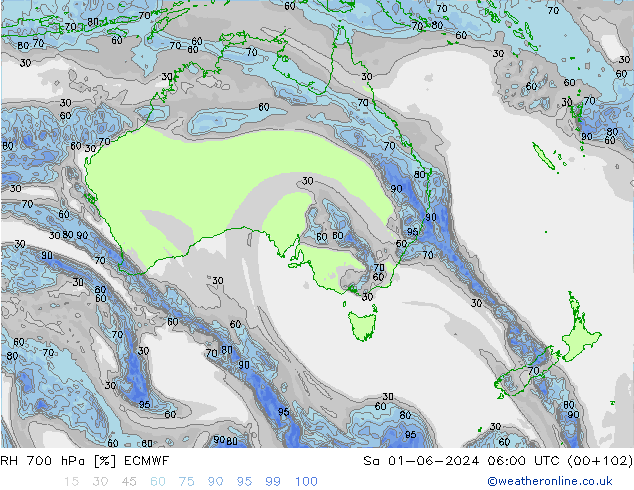 RH 700 hPa ECMWF sab 01.06.2024 06 UTC