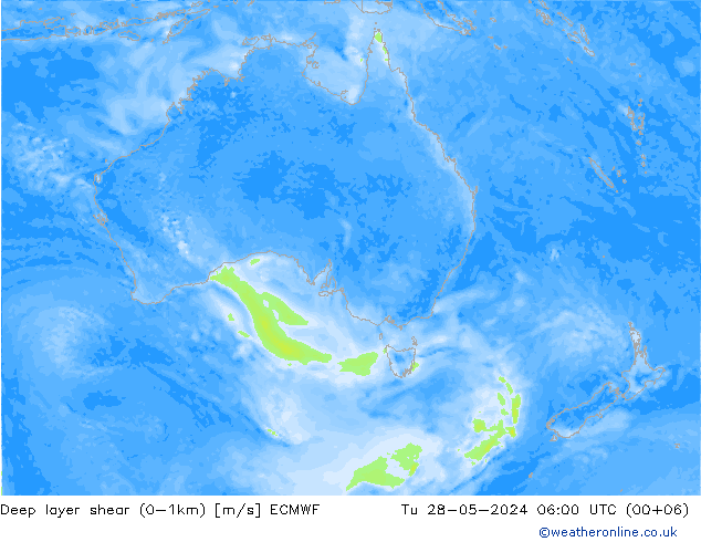 Deep layer shear (0-1km) ECMWF Tu 28.05.2024 06 UTC