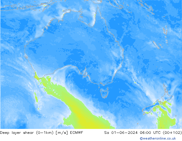 Deep layer shear (0-1km) ECMWF sam 01.06.2024 06 UTC