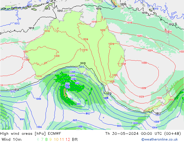 High wind areas ECMWF Th 30.05.2024 00 UTC