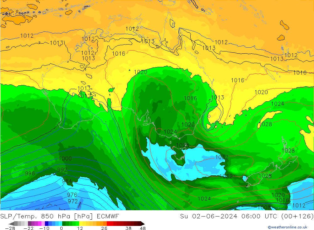 SLP/Temp. 850 гПа ECMWF Вс 02.06.2024 06 UTC