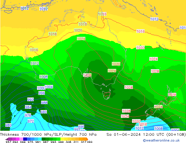 Espesor 700-1000 hPa ECMWF sáb 01.06.2024 12 UTC