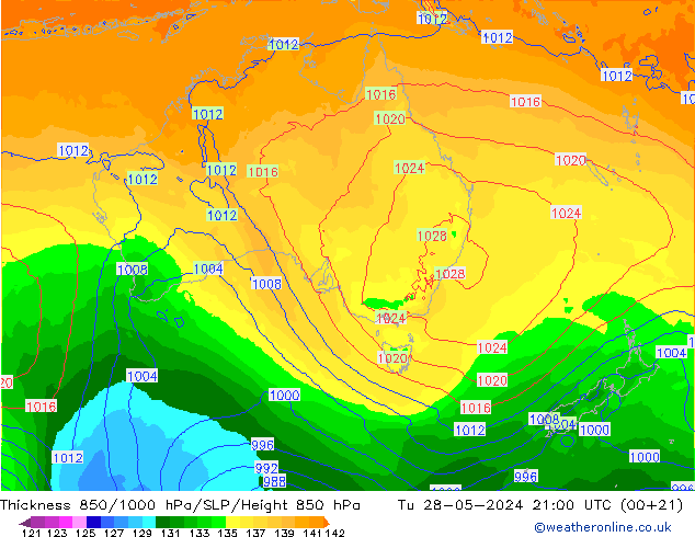 Thck 850-1000 hPa ECMWF Tu 28.05.2024 21 UTC