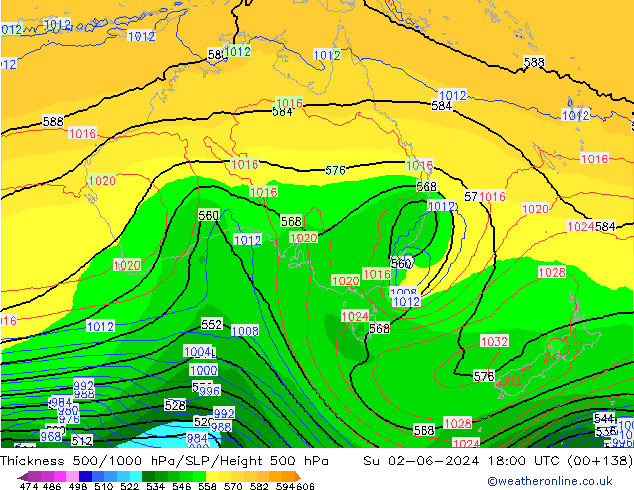 Espesor 500-1000 hPa ECMWF dom 02.06.2024 18 UTC