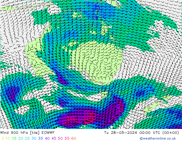 Vento 900 hPa ECMWF Ter 28.05.2024 00 UTC