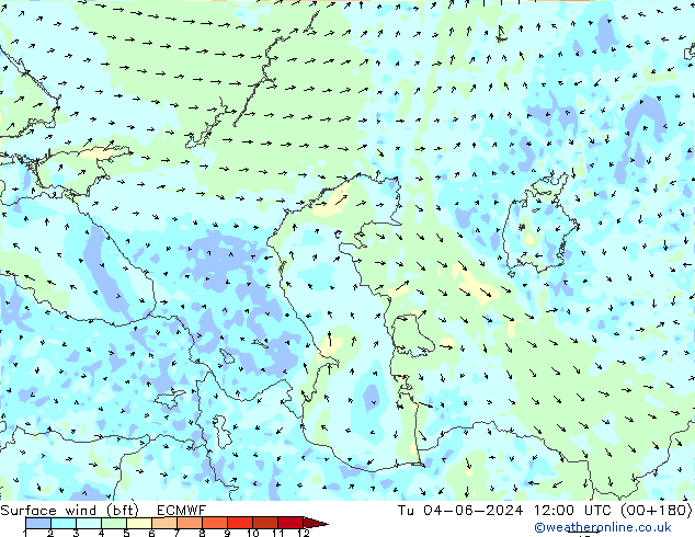 Vento 10 m (bft) ECMWF mar 04.06.2024 12 UTC