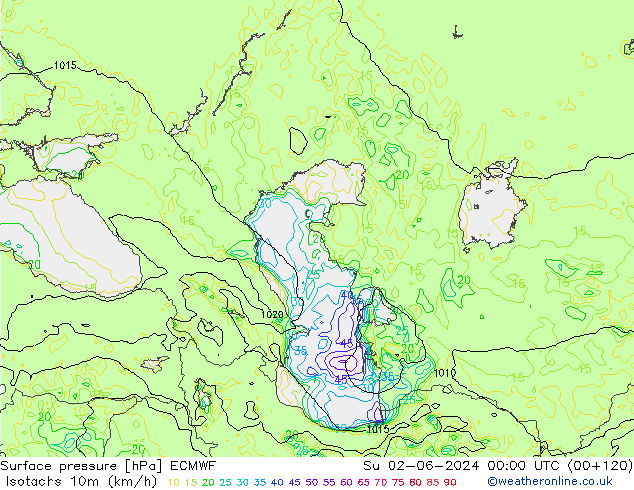 Eşrüzgar Hızları (km/sa) ECMWF Paz 02.06.2024 00 UTC