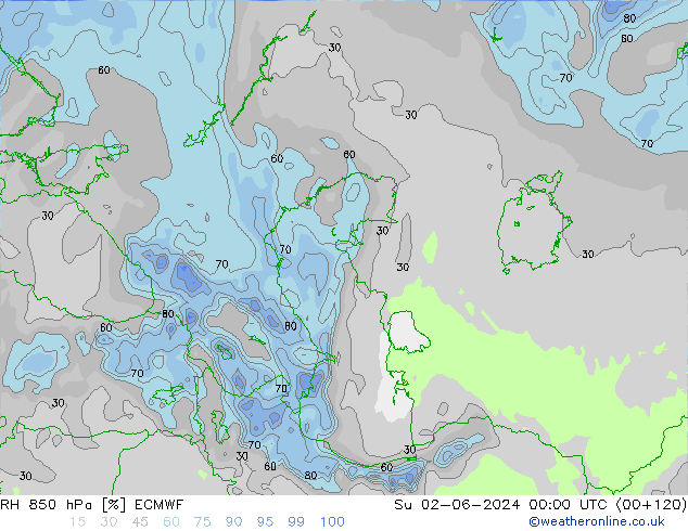 Humidité rel. 850 hPa ECMWF dim 02.06.2024 00 UTC