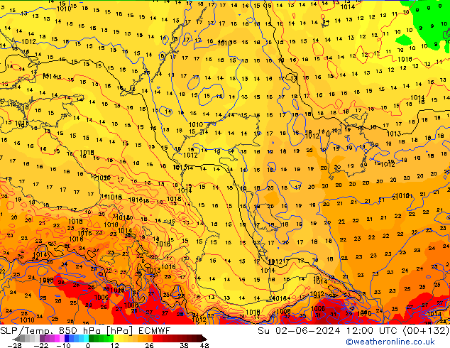 850 hPa Yer Bas./Sıc ECMWF Paz 02.06.2024 12 UTC