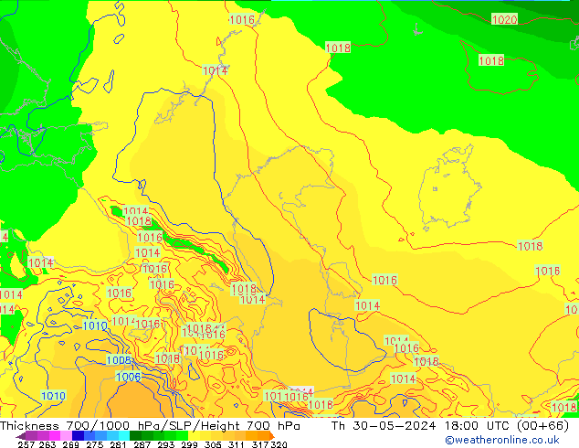 Thck 700-1000 hPa ECMWF Th 30.05.2024 18 UTC