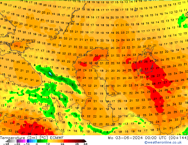 mapa temperatury (2m) ECMWF pon. 03.06.2024 00 UTC