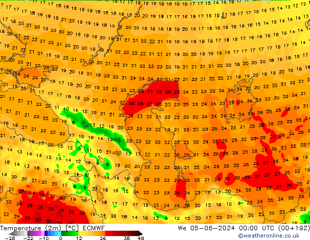 Sıcaklık Haritası (2m) ECMWF Çar 05.06.2024 00 UTC