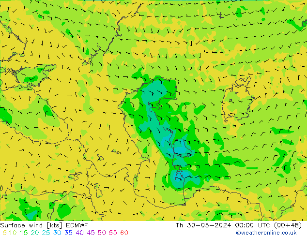 Wind 10 m ECMWF do 30.05.2024 00 UTC