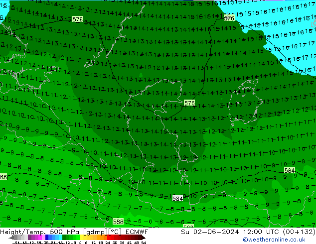 Z500/Yağmur (+YB)/Z850 ECMWF Paz 02.06.2024 12 UTC