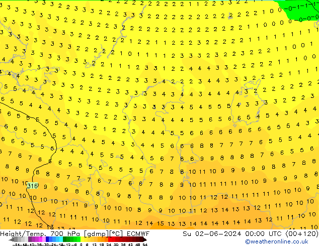 Height/Temp. 700 hPa ECMWF Su 02.06.2024 00 UTC