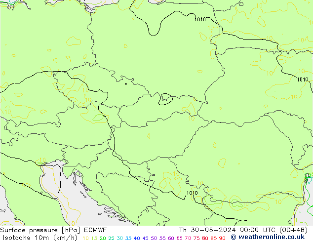 Isotachs (kph) ECMWF Th 30.05.2024 00 UTC