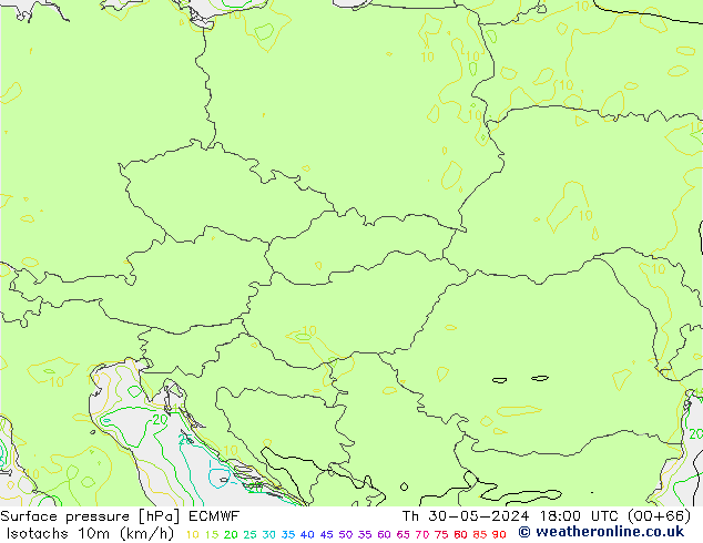 Isotachs (kph) ECMWF Čt 30.05.2024 18 UTC