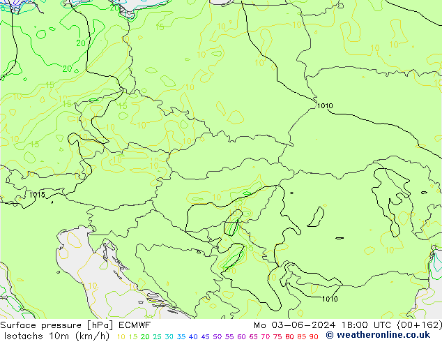 Isotachen (km/h) ECMWF Mo 03.06.2024 18 UTC