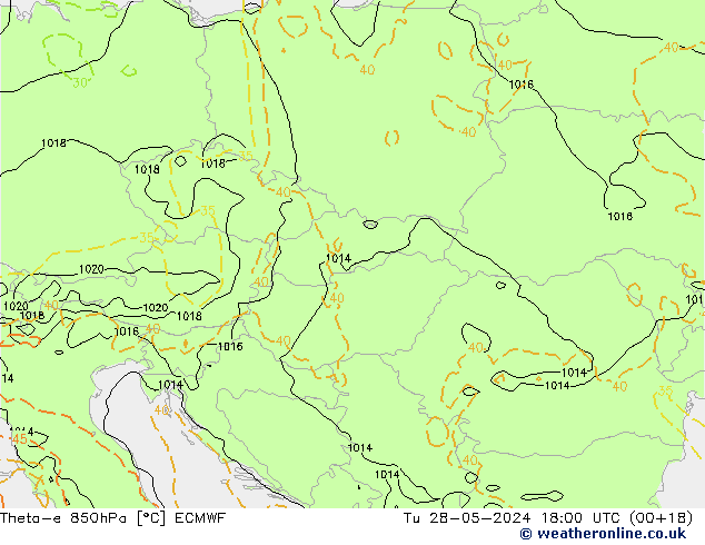 Theta-e 850hPa ECMWF Tu 28.05.2024 18 UTC