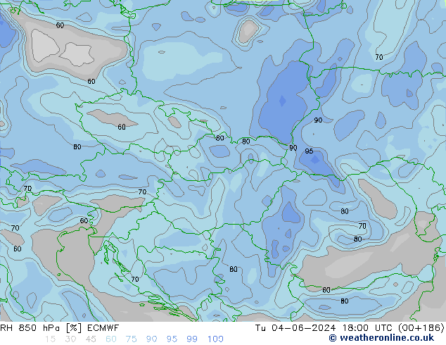 RH 850 hPa ECMWF Tu 04.06.2024 18 UTC