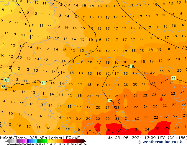 Yükseklik/Sıc. 925 hPa ECMWF Pzt 03.06.2024 12 UTC