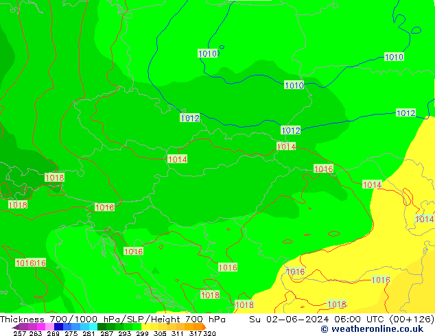 Dikte700-1000 hPa ECMWF zo 02.06.2024 06 UTC