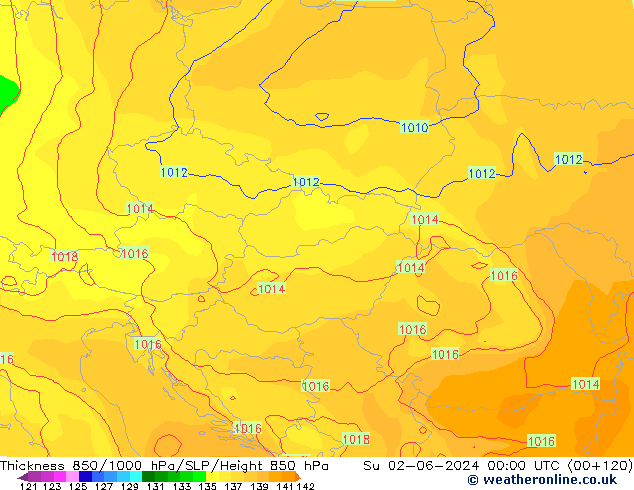 Espesor 850-1000 hPa ECMWF dom 02.06.2024 00 UTC