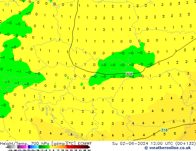 Geop./Temp. 700 hPa ECMWF dom 02.06.2024 12 UTC