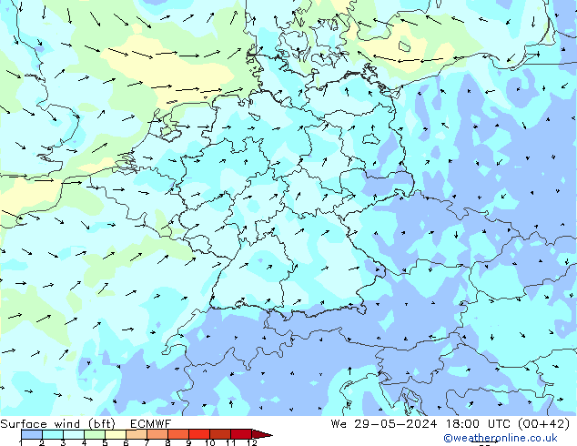 Vento 10 m (bft) ECMWF Qua 29.05.2024 18 UTC