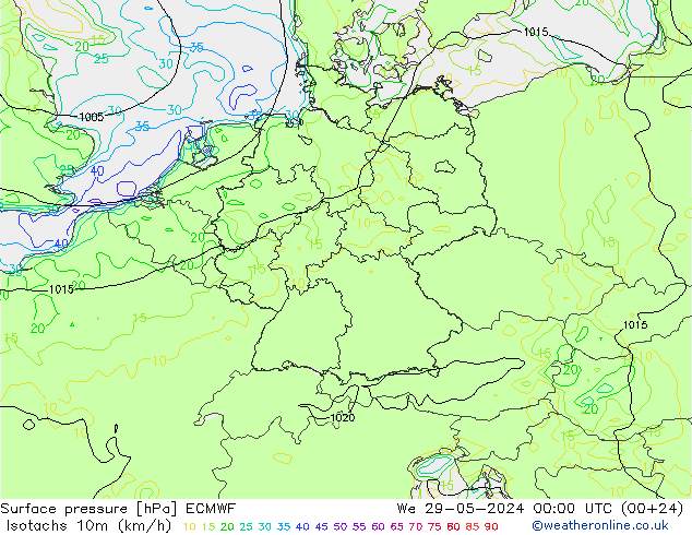 Isotachs (kph) ECMWF Qua 29.05.2024 00 UTC