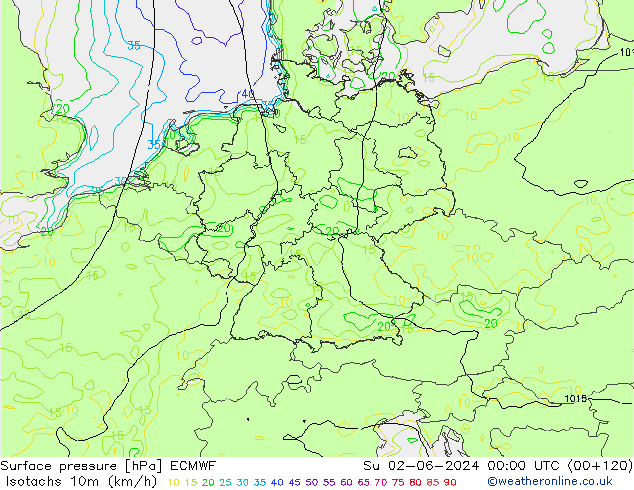 Isotachen (km/h) ECMWF So 02.06.2024 00 UTC