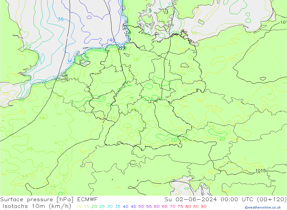Isotachs (kph) ECMWF Su 02.06.2024 00 UTC