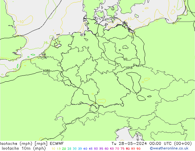 Isotachs (mph) ECMWF Út 28.05.2024 00 UTC