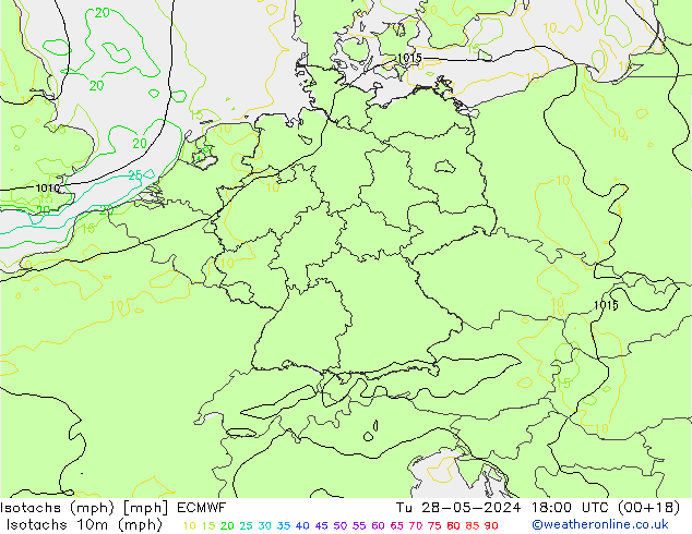 Isotachs (mph) ECMWF вт 28.05.2024 18 UTC