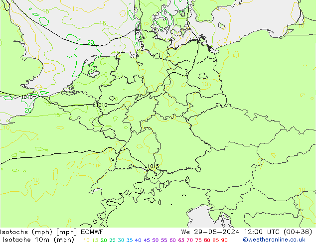 Isotachs (mph) ECMWF  29.05.2024 12 UTC